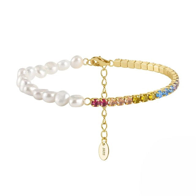 Armband mit Süßwasserperlen und buntem Tennisarmband 14k Gold