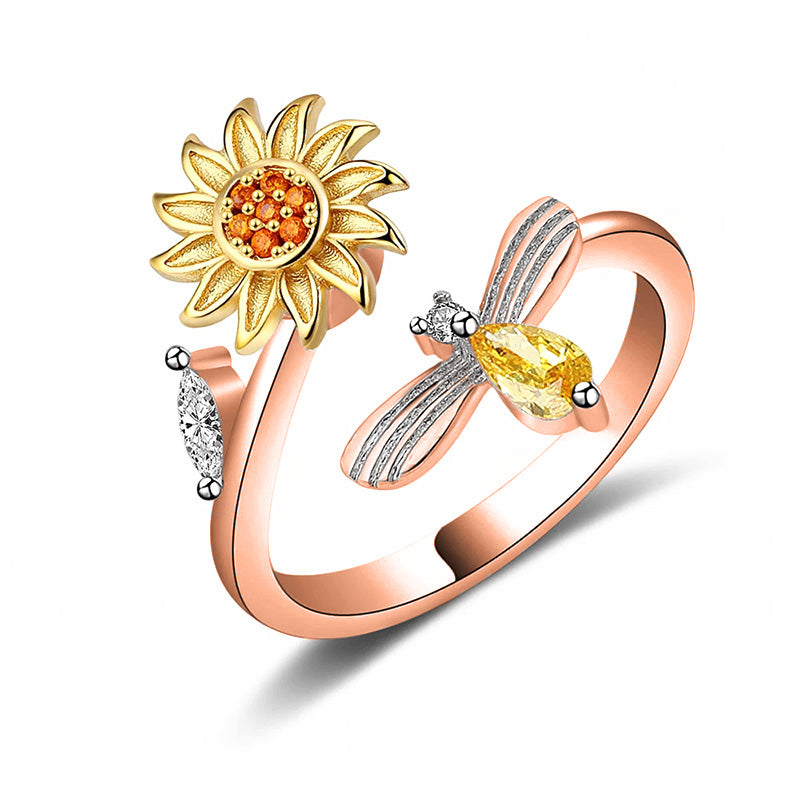 Happy Bee – Ring mit Biene und drehbarer Sonnenblume