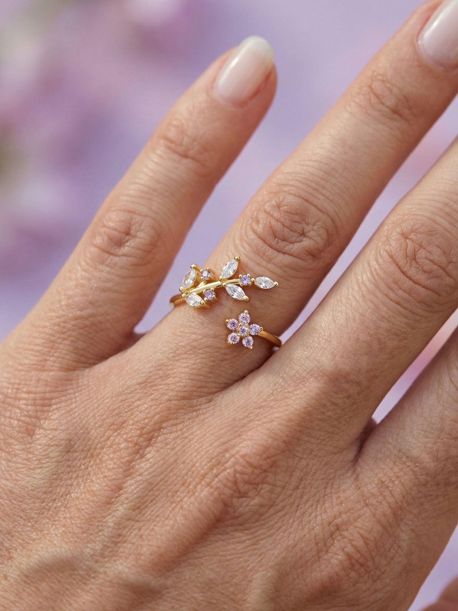 Lavender – flower ring with zirconia