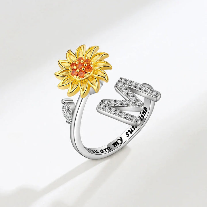 Sun - Anxiety Ring mit Fidget-Sonnenblume und Buchstabe 925 Sterlingsilber
