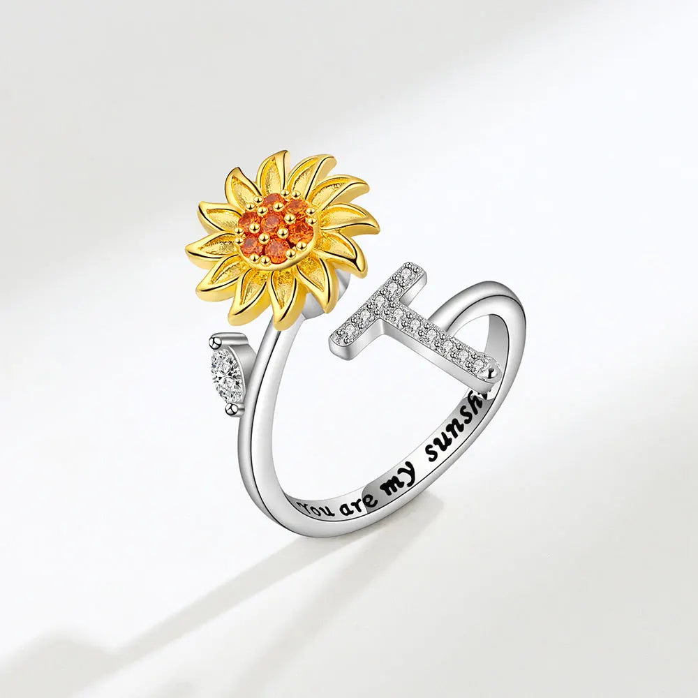 Sun - Anxiety Ring mit Fidget-Sonnenblume und Buchstabe 925 Sterlingsilber