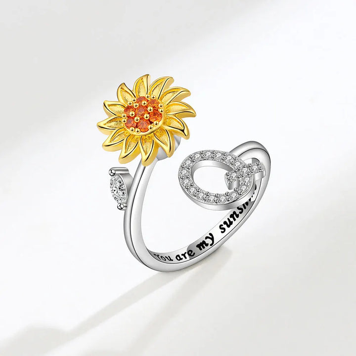 Sun - Anxiety Ring mit Fidget-Sonnenblume und Buchstabe 925 Sterlingsilber